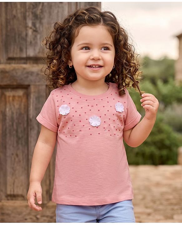 Babyhug Cotton Knit T-Shirt with Georgette Flower Detailing Multi Color 18-24 Months