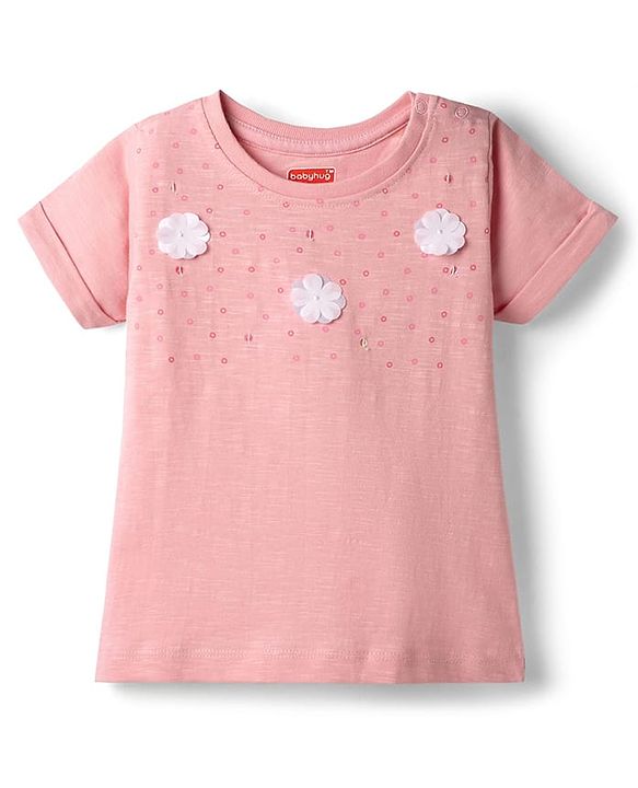 Babyhug Cotton Knit T-Shirt with Georgette Flower Detailing Multi Color 18-24 Months