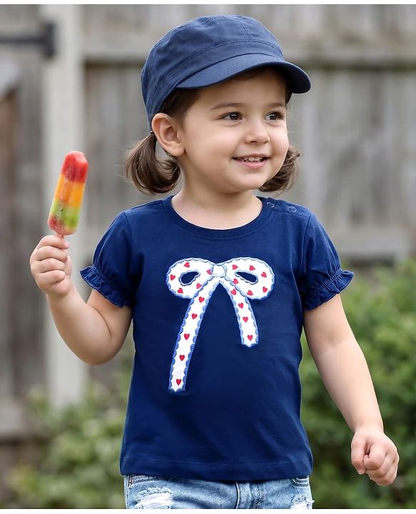 Babyhug Cotton Knit Half Sleeves T-Shirts With Bow Embroidery & Applique Detailing - Multicolor