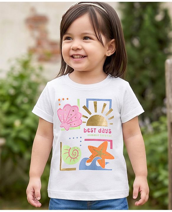Babyhug Cotton Knit Half Sleeves T-Shirt With Starfish & Seashell Print - Multicolor
