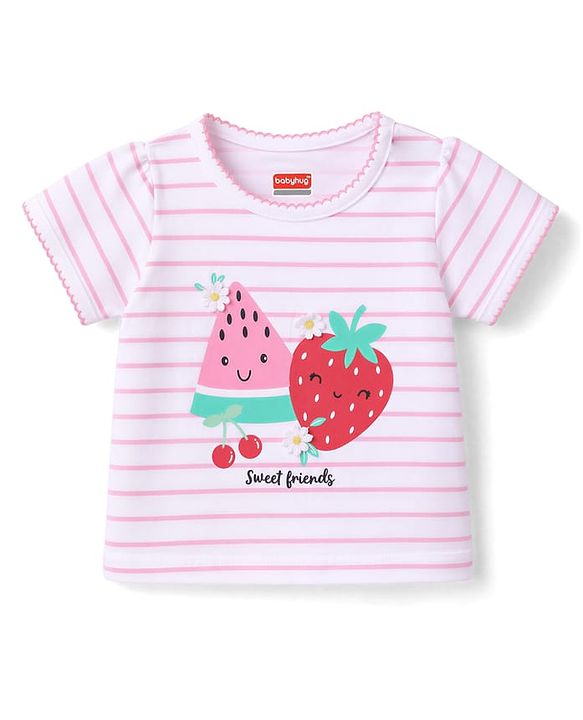 Babyhug Cotton Knit Half Sleeves Striped T-Shirt With Floral Applique & Fruit Print - Multicolor