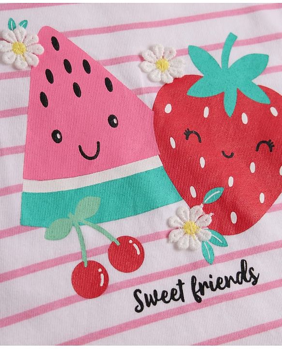 Babyhug Cotton Knit Half Sleeves Striped T-Shirt With Floral Applique & Fruit Print - Multicolor