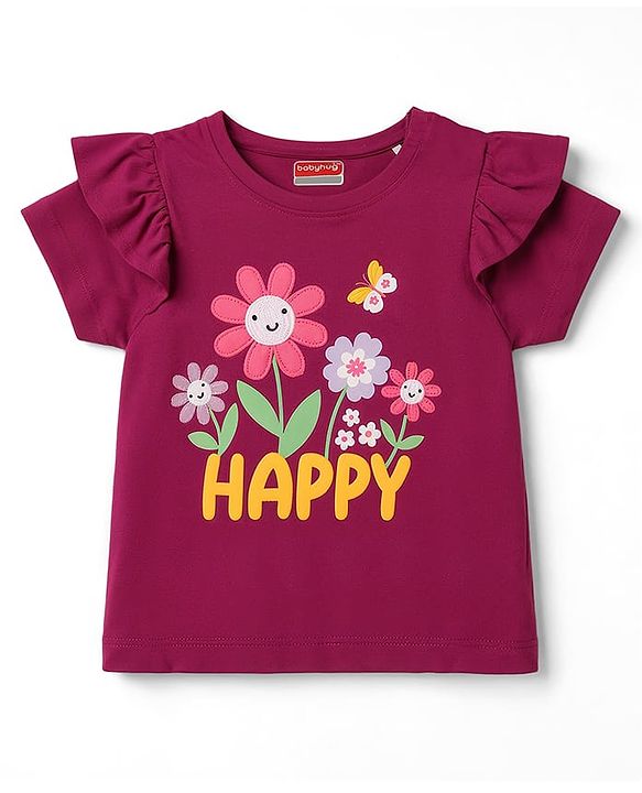 Babyhug Cotton Knit Half Sleeves T-Shirt With Floral Embroidery - Multicolor