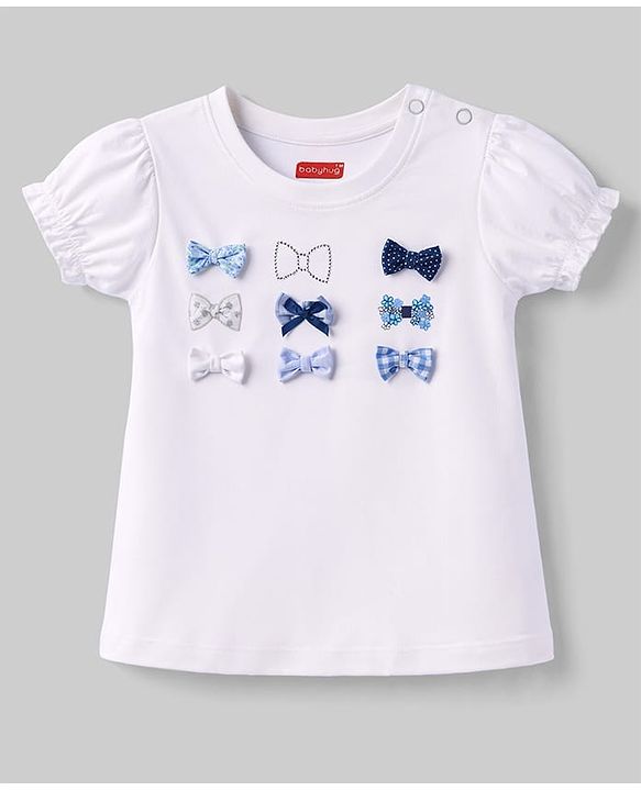 Babyhug Cotton Knit Half Puffed Sleeves T-Shirt with Bow Applique - White
