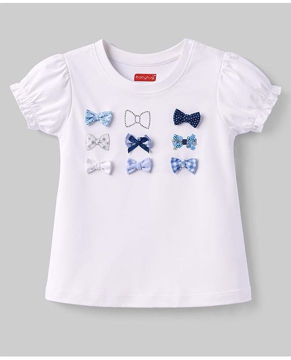 Babyhug Cotton Knit Half Puffed Sleeves T-Shirt with Bow Applique - White