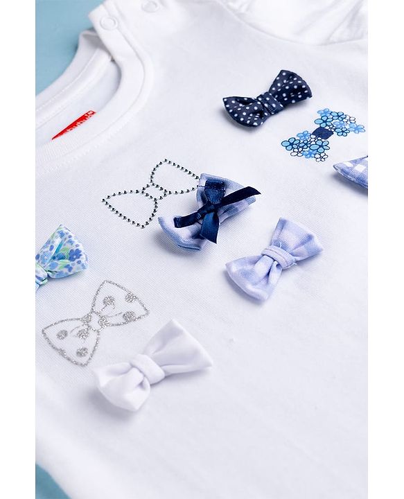 Babyhug Cotton Knit Half Puffed Sleeves T-Shirt with Bow Applique - White