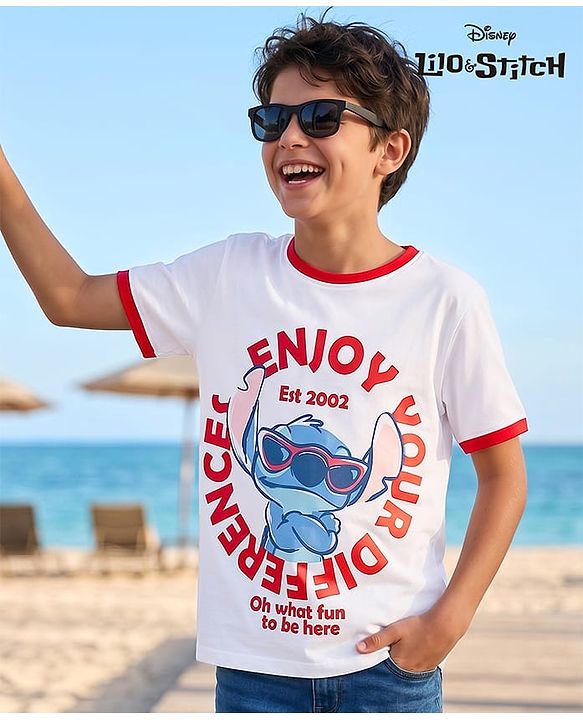 Pine Kids Disney Single Jersey Knit Half Sleeves T-Shirt with Stitch Graphic - White