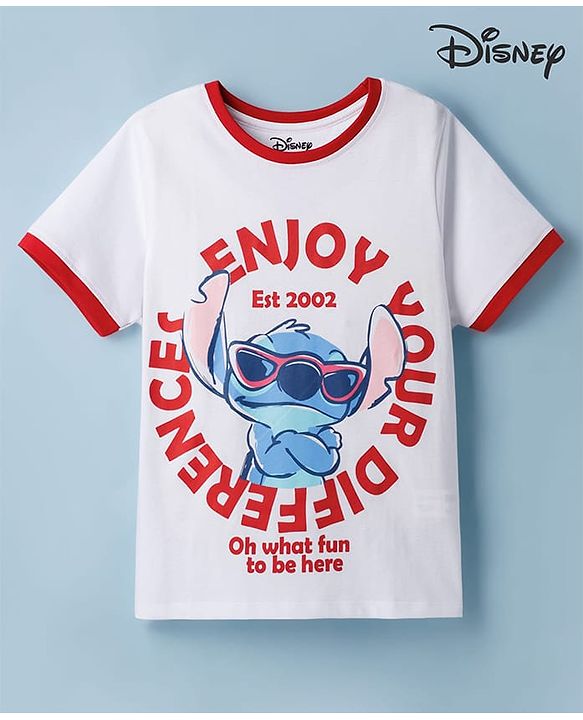 Pine Kids Disney Single Jersey Knit Half Sleeves T-Shirt with Stitch Graphic - White