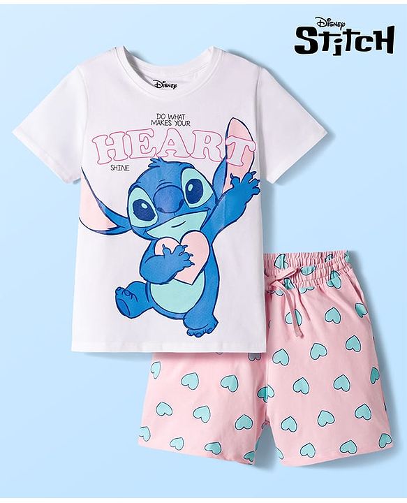 Pine Kids Disney Single Jersey Knit Half Sleeves T-Shirt & Shorts Night Suit With Stitch Graphics - Multicolor