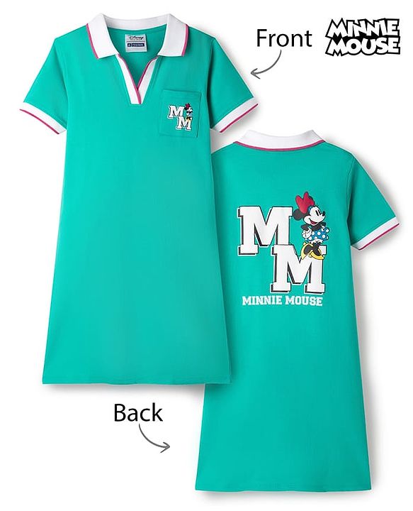 Pine Kids Disney Terry Knit Half Sleeves Dress With Front & Back Minnie Mouse Graphics - Green