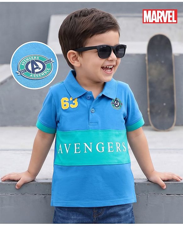 Babyhug Marvel Cotton Knit Half Sleeves Polo T-Shirt with Avengers Graphic -  Blue