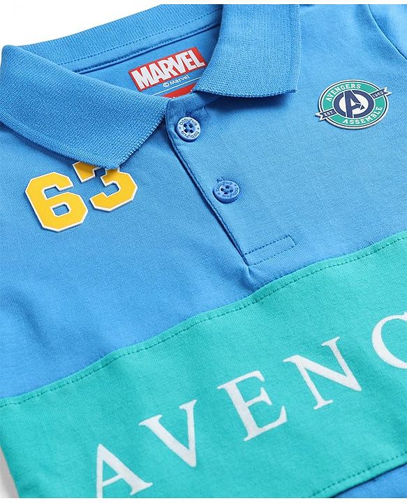 Babyhug Marvel Cotton Knit Half Sleeves Polo T-Shirt with Avengers Graphic -  Blue