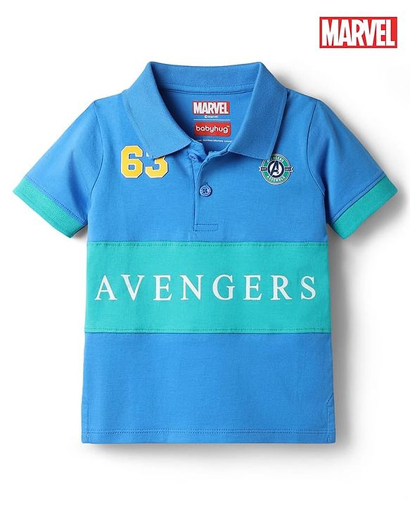 Babyhug Marvel Cotton Knit Half Sleeves Polo T-Shirt with Avengers Graphic -  Blue