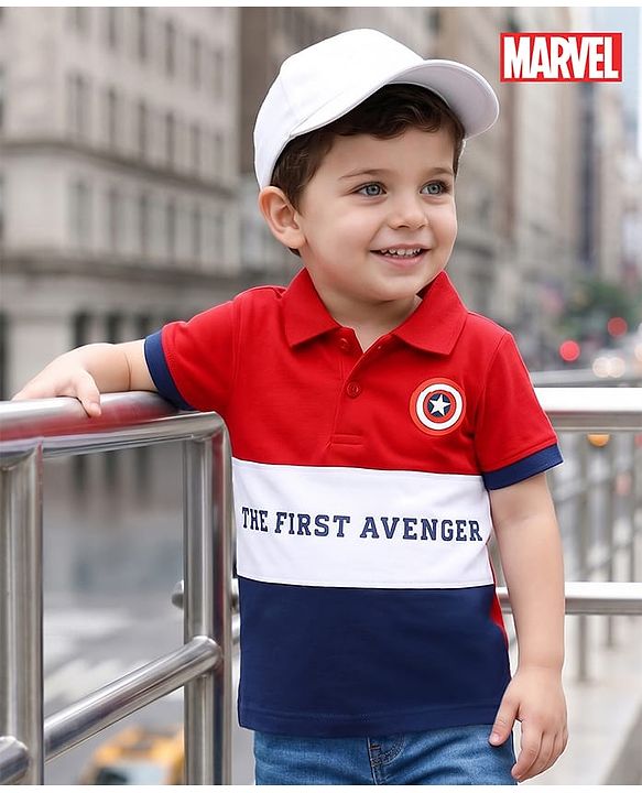 Babyhug Marvel Cotton Knit Polo T-Shirt with Avengers Graphic Half Sleeves Multi Color 9-12 Months