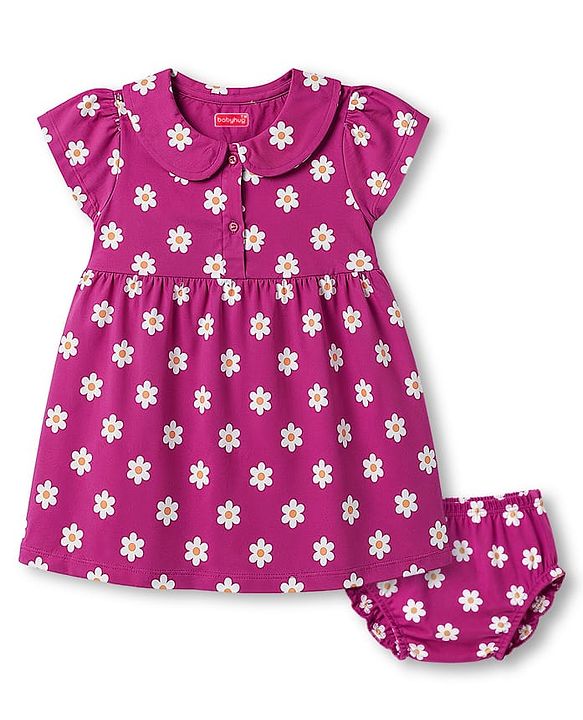Babyhug 100% Cotton Knit Half Sleeves Floral Printed Frock With Bloomer - Purple