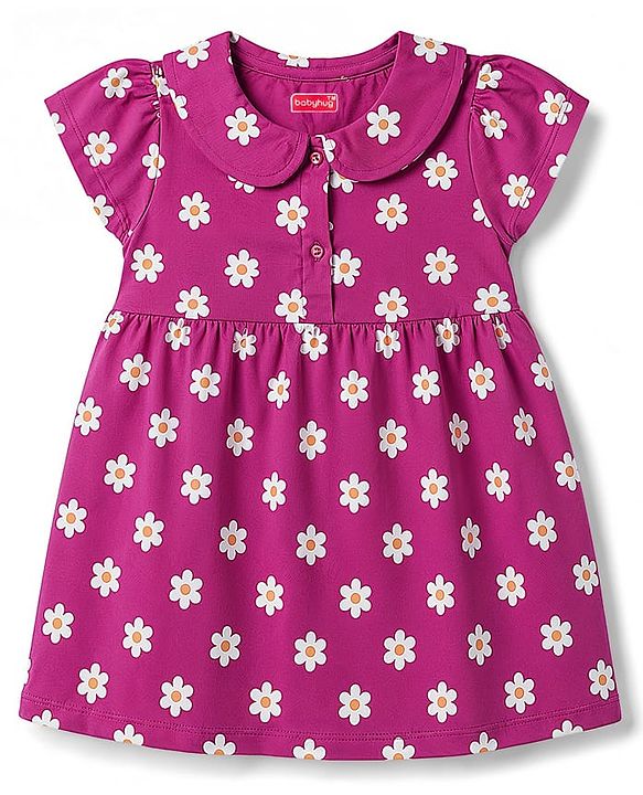 Babyhug 100% Cotton Knit Half Sleeves Floral Printed Frock With Bloomer - Purple