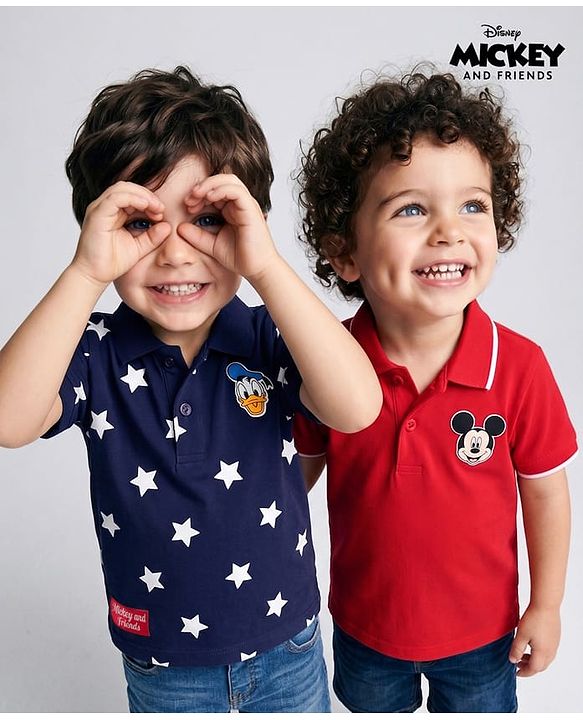 Babyhug Disney 100% Cotton Knit Half Sleeves Polo T-Shirts With Mickey Mouse & Friends Graphic Pack Of 2 - Red & Navy Blue