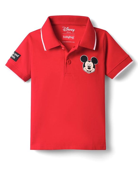 Babyhug Disney 100% Cotton Knit Half Sleeves Polo T-Shirts With Mickey Mouse & Friends Graphic Pack Of 2 - Red & Navy Blue