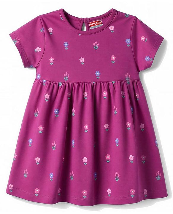Babyhug 100% Cotton Interlock Knit Half Sleeves Floral Printed Frock With Bloomer - Purple
