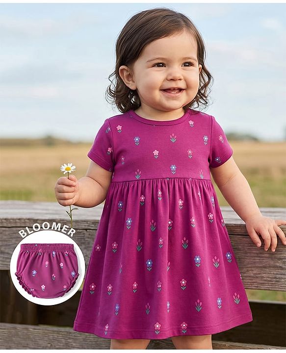Babyhug 100% Cotton Interlock Knit Half Sleeves Floral Printed Frock With Bloomer - Purple