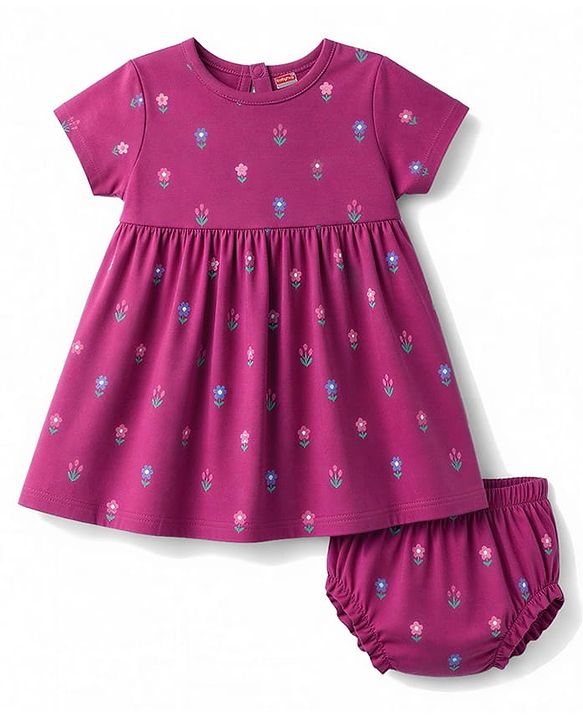 Babyhug 100% Cotton Interlock Knit Half Sleeves Floral Printed Frock With Bloomer - Purple