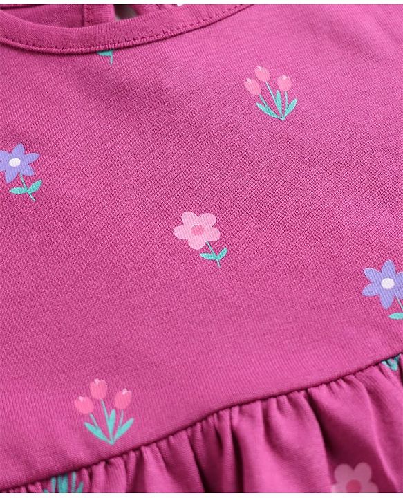 Babyhug 100% Cotton Interlock Knit Half Sleeves Floral Printed Frock With Bloomer - Purple