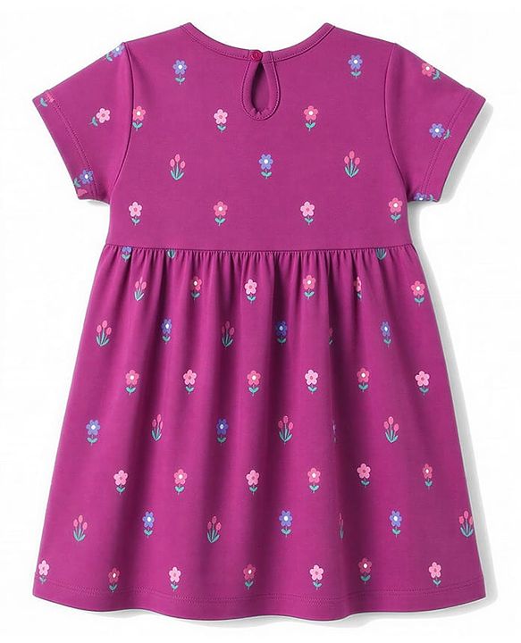 Babyhug 100% Cotton Interlock Knit Half Sleeves Floral Printed Frock With Bloomer - Purple