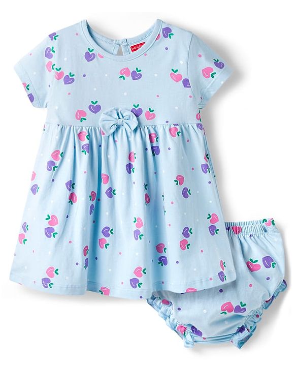 Babyhug Cotton Knit Frocks with Bloomer/Short Half Sleeves Round Neck All Over Prints Blue 0-0 Months