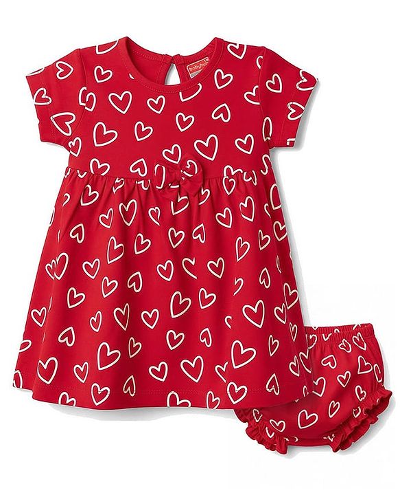 Babyhug 100% Cotton Interlock Knit Half Sleeves Heart Printed Frock With Bloomer - Red