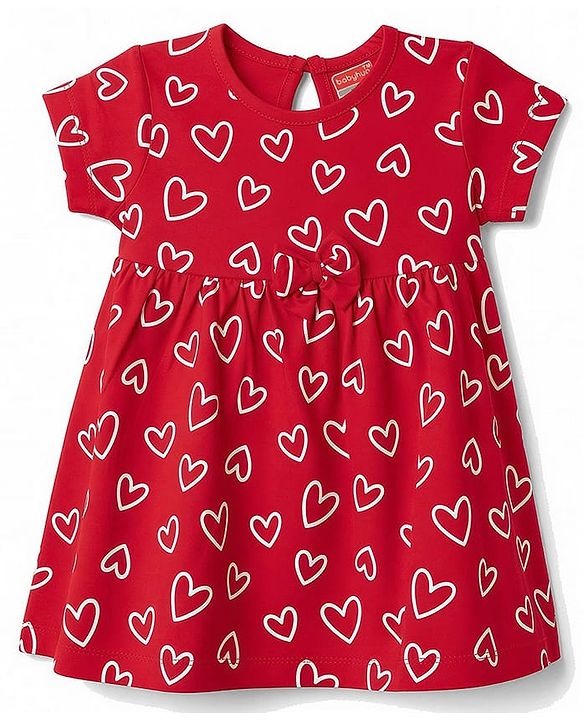 Babyhug 100% Cotton Interlock Knit Half Sleeves Heart Printed Frock With Bloomer - Red