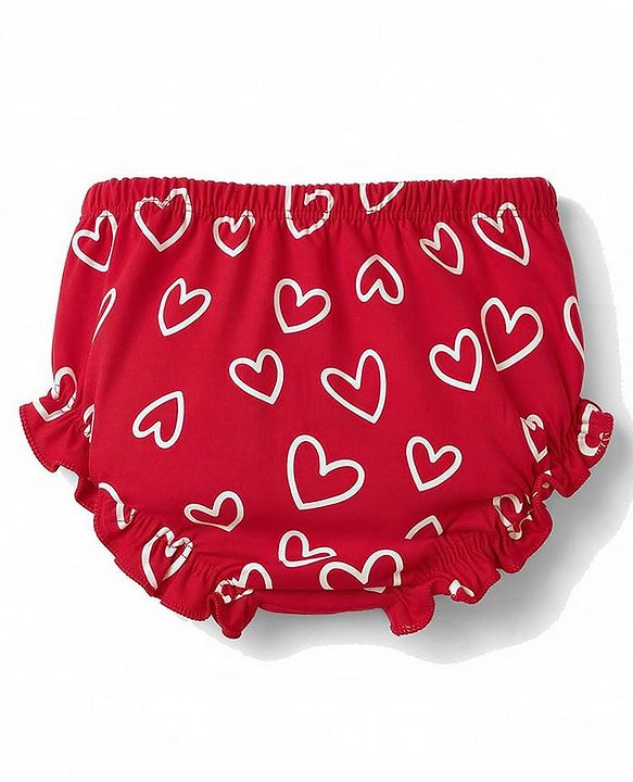 Babyhug 100% Cotton Interlock Knit Half Sleeves Heart Printed Frock With Bloomer - Red