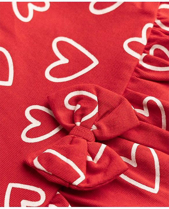 Babyhug 100% Cotton Interlock Knit Half Sleeves Heart Printed Frock With Bloomer - Red