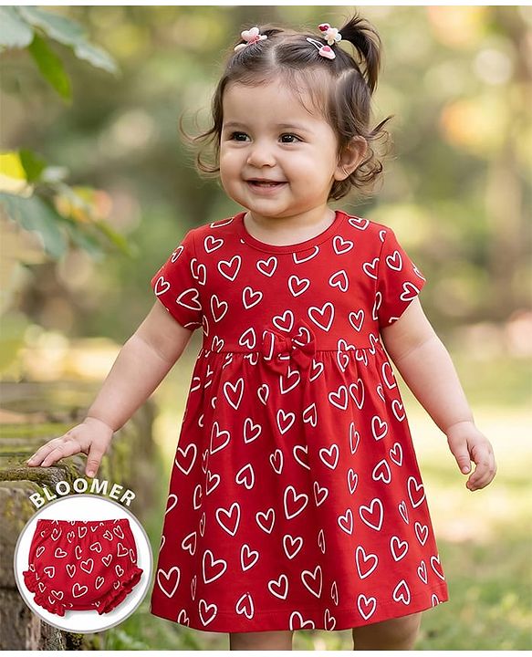 Babyhug 100% Cotton Interlock Knit Half Sleeves Heart Printed Frock With Bloomer - Red
