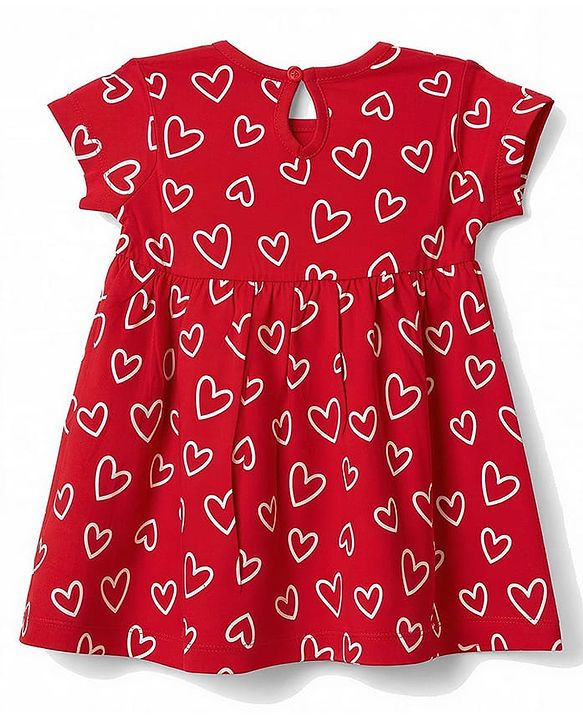 Babyhug 100% Cotton Interlock Knit Half Sleeves Heart Printed Frock With Bloomer - Red