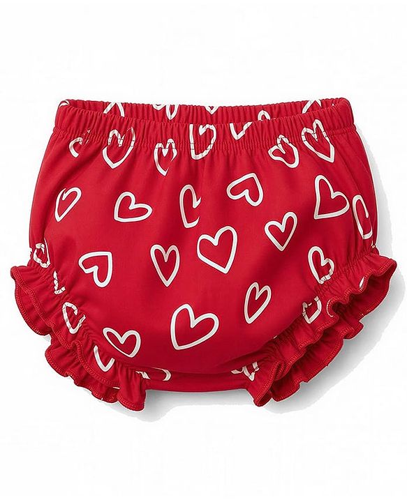 Babyhug 100% Cotton Interlock Knit Half Sleeves Heart Printed Frock With Bloomer - Red