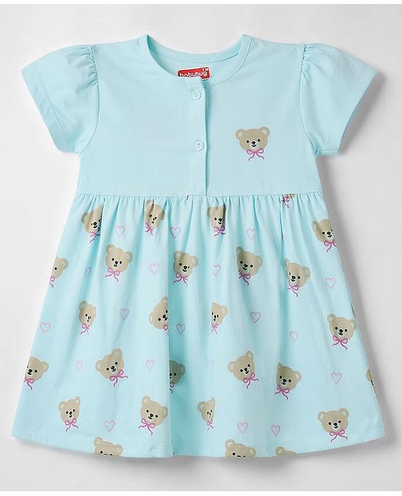 Babyhug 100% Cotton Knit Half Sleeves Bear Printed Frock with Bloomer - Sky