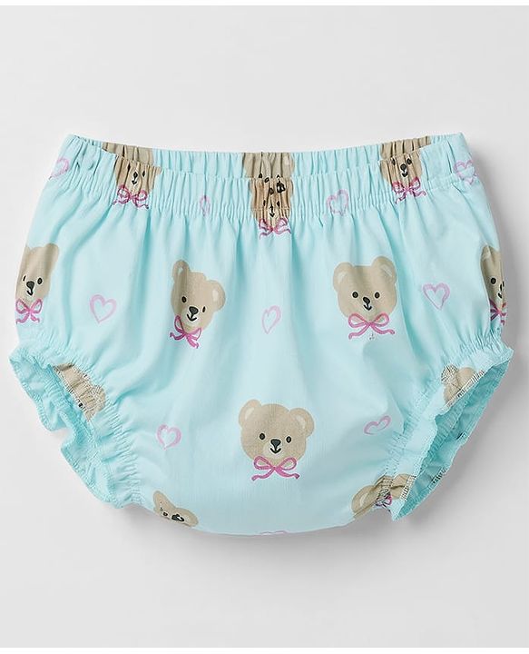Babyhug 100% Cotton Knit Half Sleeves Bear Printed Frock with Bloomer - Sky