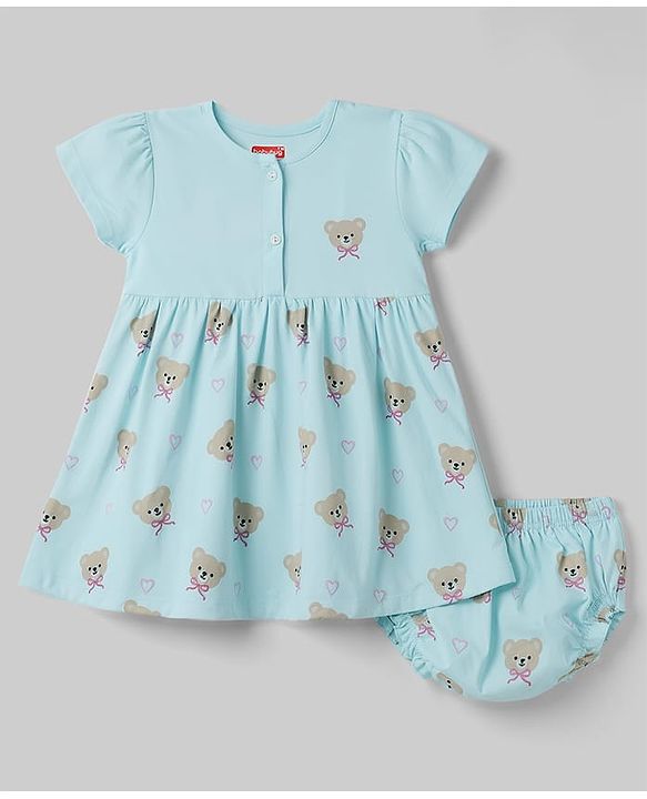 Babyhug 100% Cotton Knit Half Sleeves Bear Printed Frock with Bloomer - Sky