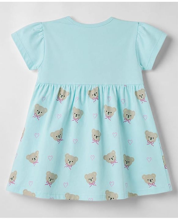 Babyhug 100% Cotton Knit Half Sleeves Bear Printed Frock with Bloomer - Sky