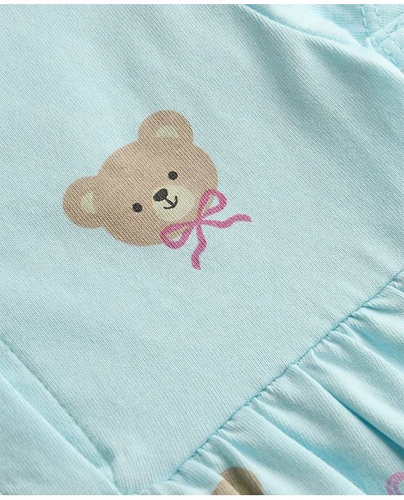 Babyhug 100% Cotton Knit Half Sleeves Bear Printed Frock with Bloomer - Sky