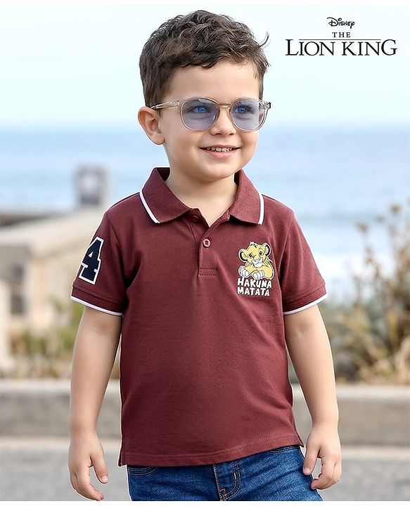 Babyhug Disney Single Jersey Knit Half Sleeves Polo T-Shirt With Lion King Graphics - Brown