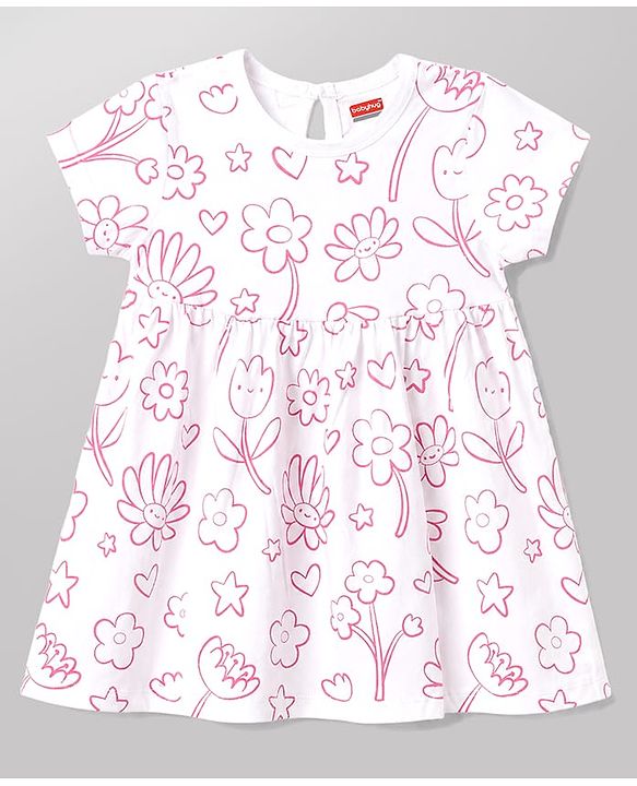 Babyhug 100% Cotton Woven Frocks with Bloomer Half Sleeves Round NeckFloral Prints Pink 6-9 Months