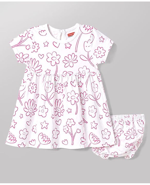 Babyhug 100% Cotton Woven Frocks with Bloomer Half Sleeves Round NeckFloral Prints Pink 6-9 Months