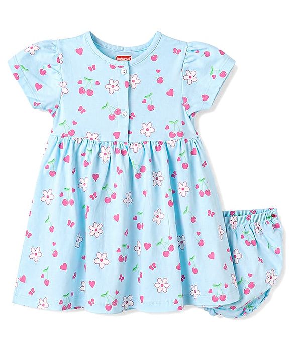 Babyhug 100% Cotton Knit Frocks with Bloomer Half Sleeves Round Neck Floral Prints Blue New Born
