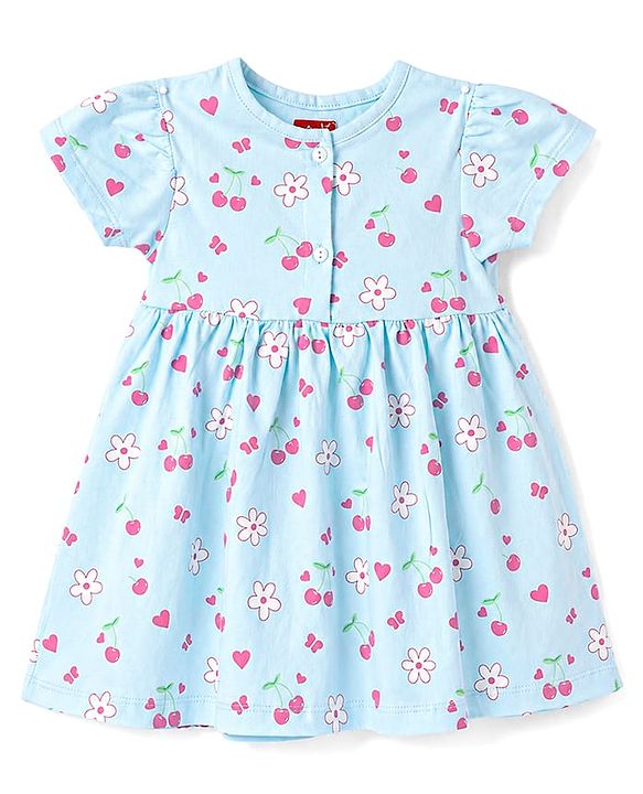 Babyhug 100% Cotton Knit Frocks with Bloomer Half Sleeves Round Neck Floral Prints Blue New Born