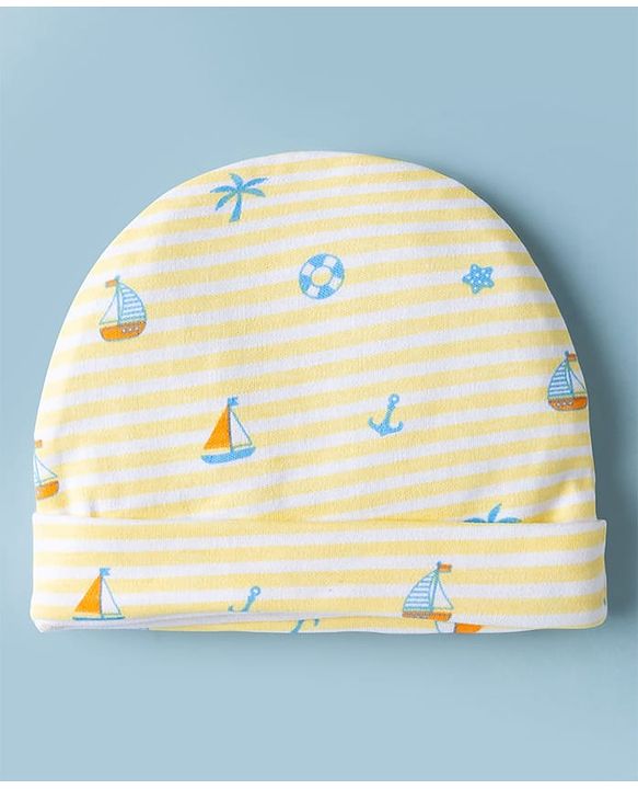 Babyhug 100% Cotton Interlock Knit Cap Mittens & Booties Set With Nautical Print Lemon - Diameter 8 cm
