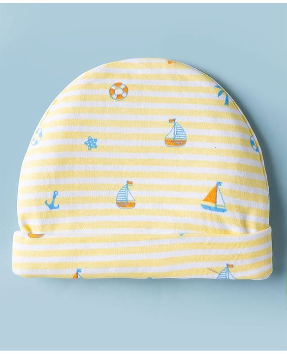 Babyhug 100% Cotton Interlock Knit Cap Mittens & Booties Set With Nautical Print Lemon - Diameter 8 cm