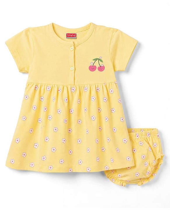 Babyhug 100% Cotton Single Jersey Knit Half Sleeves Frock With Floral Print - Yellow