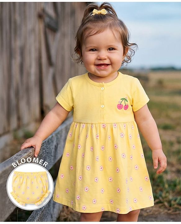 Babyhug 100% Cotton Single Jersey Knit Half Sleeves Frock With Floral Print - Yellow