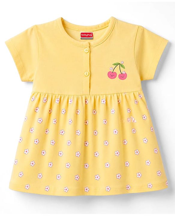 Babyhug 100% Cotton Single Jersey Knit Half Sleeves Frock With Floral Print - Yellow